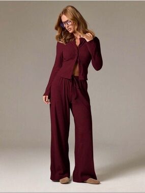 Burgundy Knit Lounge Set - Cozy Wide Leg Pants & Button Cardigan